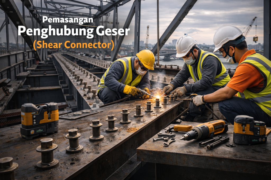 Pekerja konstruksi memasang penghubung geser shear connector pada balok baja jembatan rangka menggunakan peralatan las di lokasi proyek