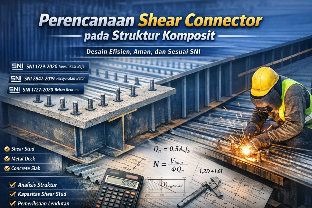 Banner profesional bertema “Perencanaan Shear Connector pada Struktur Komposit” menampilkan balok baja dengan shear stud yang dilas pada metal deck, pekerja konstruksi sedang melakukan stud welding dengan percikan api, serta ilustrasi rumus perhitungan kapasitas geser (Qn = 0,5 As fy dan N = Vlong / φQn) berdasarkan SNI 1729:2020, SNI 2847:2019, dan SNI 1727:2020, dengan desain warna biru–kuning yang elegan dan teknis.