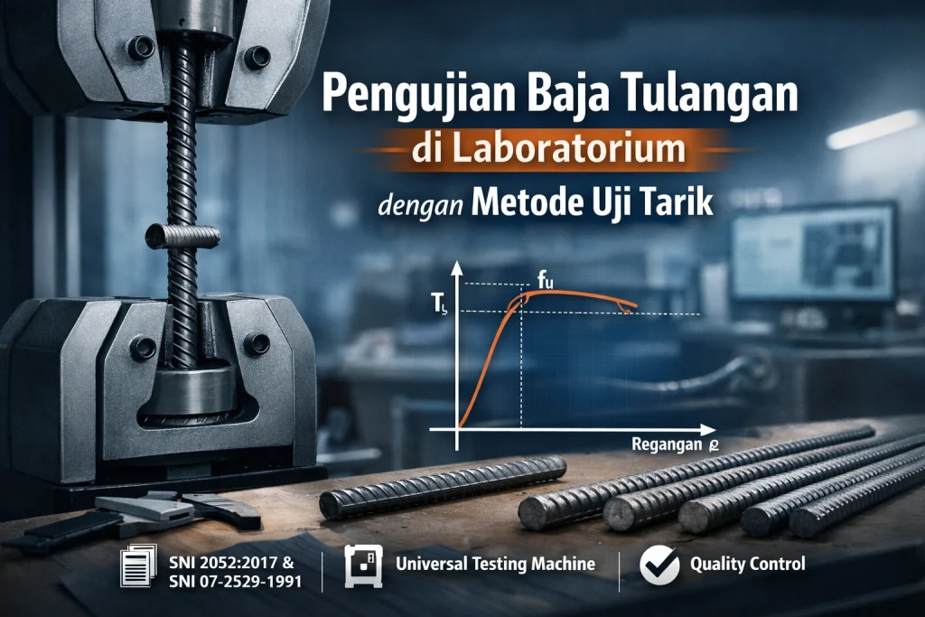 Ilustrasi profesional proses uji tarik baja tulangan di laboratorium menggunakan Universal Testing Machine (UTM), dilengkapi grafik tegangan-regangan dan keterangan standar SNI sebagai bagian dari quality control konstruksi