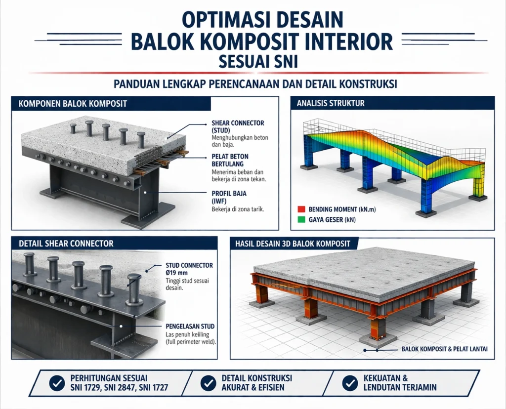 Ilustrasi 3D perencanaan struktur balok komposit interior sesuai SNI yang menampilkan komponen balok, analisis struktur, detail shear connector, dan hasil desain balok komposit beton dan baja.